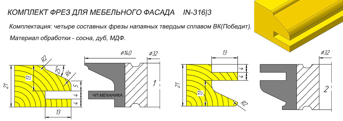 Набор твердосплавных фрез для мебельной обвязки 316/3